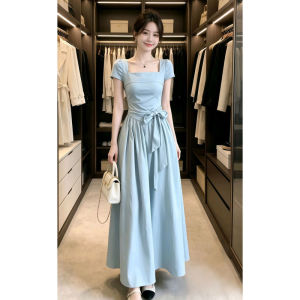unifittoo | French Style Blue Square Neck Short Sleeve Summer Dress Long Skirt