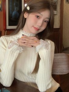 Áo Len Dệt Kim Cổ Cao Ren Ngọt Ngào Cho Nữ Thời Trang Thu Đông Áo Lót Dài Tay Ôm Vừa Vặn Chất Liệu Nylon Pha Trộn