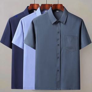 ROMON | Lormen Ice Silk Short Sleeve Casual Shirt Thin Flip Collar Summer Business Gentleman Style Breathable Polyester Fiber Mens Shirt