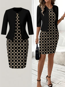 Printed Design Autumn and winter styles casual style Black And Gold Chain Pattern crew neck dress suit