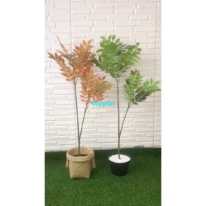 Pohon Artificial Daun Willow X2 Merah & Hijau Semilatex Cover Pot Anyaman Purun Handle Dekorasi Kantor Aesthetic