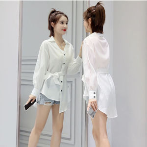 Womens Design Sensation Midi Shirt Red Chiffon Belted Front Short Back Long Asymmetrical Button up Korean Style Long Sleeve