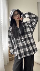 Áo Khoác Flannel có mũ kẻ sọc Hồng vải dày dặn khoác ngoài form rộng nam nữ mùa hè