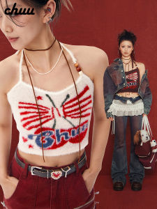 Christmas Theme Knitted Vest Womens Fashion Letter Butterfly Knot Plush Neck Strap Vest Short Style Casual Wear U-Neckline