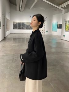 New Chinese Style Double-Faced Cashmere Woolen Coat Set Zen-Inspired Womens Fashionable Black Suit Top Straight-Cut Vintage