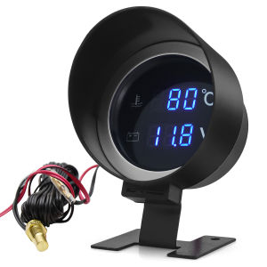 2 In 1 Round LCD Digital Meter Water Temp Voltage Gauge Display 12V 24V Water Temp Gauge Meter With 1/8 NPT 10mm Thread Sensor