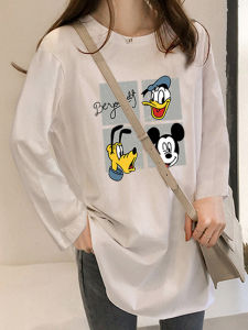 Áo Thun Nữ Tay Dài Màu Trắng Rộng Rãi Cổ Tròn Dài Vừa Phải Phong Cách Hàn Quốc INS Áo Sơ Mi Cơ Bản Đa Năng Mặc Trong