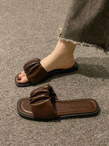 Sifu Birdผู้หญิงรองเท้าแตะด้านล่างแบน 2024 ฤดูร้อนสไตล์ใหม่Retro Retroจีบเดี่ยวสายรองเท้าแตะชายหาดกันน้ําวัสดุผ้าลินิน