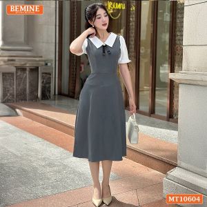 Đầm thiết kế BEMINE cổ sơ mi đính nơ dáng chữ A phù hợp đi làm-MT10604
