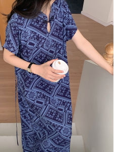 ชุดนอนผู้หญิงแขนสั้นผ้าไหมคอตตอนสไตล์จีนใหม่ กระโปรงยาวผูกเชือก ชุดนอนฤดูร้อน ชุดเดรสยาวผ้าไหมคอตตอน