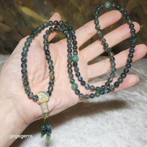 Gegegems premium 6mm 108 Icy Moss Agate Chrysocolla & Shoushan Stone mala necklace Natural Crystals
