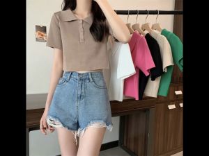 Kemeja Wanita Lengan Pendek Polos Bahan Rajut Kaos Berkerah / Atasan Crop Wanita Short Sleeve Tshirt Fashion Street Women SM P369