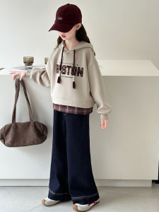 MPW | Girls Autumn Fashionable Plaid Print Sweatshirt And Jeans Set Korean Style Casual Wear For Children Ages 3-14 Machine Washable