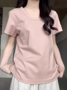 Pink Loose Short Sleeve T-Shirt Womens Summer Casual Cotton Half Sleeve Top Comfortable Breathable Pure Color Versatile Wear
