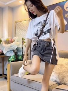 Fashionable Large-Size T-Shirt for Women Asymmetrical Printed Short Sleeve Regular Cut Crewneck Summer Thickness Work Clothing