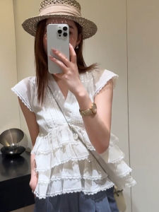 YUFUQING | French Lace V-neck Puff Sleeve Shirt Womens Summer New Design Loose Slimming Versatile Elegance Top High Waist Straight Cut