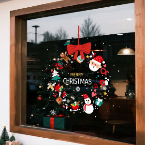 1 Piece 45Cm*45Cm Christmas Decorative Window Sticker with Bow Christmas Wreath Glass Sticker Holiday Party Atmosphere Scene Arrangement Static Window Flower Door Sticker