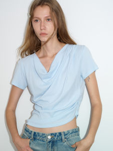 SOLWEIGE | Easy-care Asymmetric Twisted Waist Draped Collar Cotton Short Sleeve T-shirt
