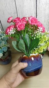 Chậu hoa hồng tỉ muội để bàn VI105 ( hoa lụa cao 20cm chậu sứ đường kính 9cm) hoa giả trang trí