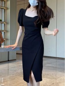 French Square Collar Black Hepburn Style Dress 2024 Womens New Arrival Silm Slim Looking Split Waist Fitted Long Skirt Summer