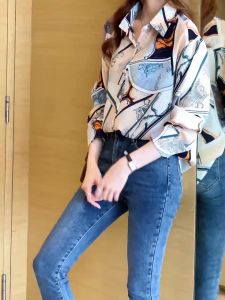 Mengenal Tianshun Casual Chiffon Printing Work OL Blue Pink Long Sleeves blouse import bangkok Shirts Fashion 2023 Korean Style Women Blouse Tops