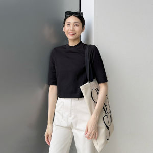 Loose High Waist mid Sleeve mid Neck Short T-Shirt Women Casual Commute Korean Style Pure Color Cotton U-Neck Top