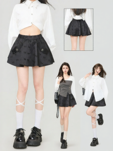 KEIKO | Chân Váy Nếp Jacquard Satin Đen