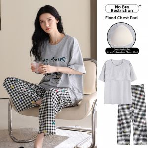 COSMO LADY | Cotton Padded Cartoony Short-sleeve Long Pants Sleepwear Set For Summer