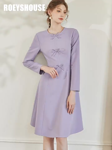 Đầm tím trơn cổ tròn tay dài đính nơ xinh