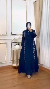 Labella Dress Terbaru Lebaran 2025 Gamis Abaya Bordir 2 Layer Busui Friendly Resleting Depan Baju Wanita Motif Bunga