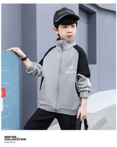 เสื้อแจ็คเก็ตฤดูใบไม้ผลิสำหรับเด็กชาย วัสดุผ้าฝ้ายผสมโพลีเอสเตอร์ ทรงหลวม ปกตั้ง ซิป ปกโปโล สีพื้น เสื้อผ้าเด็กชาย