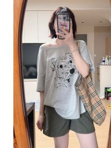 YUEZHONGWEI | American Retro Dog Print Grey Off-shoulder Short-sleeve T-shirt Loose and Slim Fit
