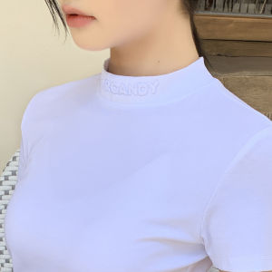 Áo Thun Cotton Dệt Kim Tay Ngắn Màu Trắng Ôm Vừa Vặn Mùa Hè 2024 Thường Ngày Phong Cách Hàn Quốc Tay Ngắn Cổ Cao