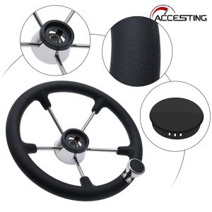 13.5 Inch Boat Steering Wheel Boat Accessories Marine 5 Spoke Destroyer Steering Wheel with Black Foam Grip and Knob