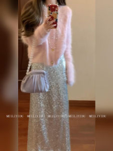 Áo Len Cardigan Mềm Mại Màu Hồng Cỡ Lớn Cho Nữ Váy Midi Cạp Cao Quần Áo Hai Mảnh Quần Áo Công Sở Mùa Thu Đông