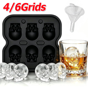 Stylish Skull‑design Silicone Ice Cube Mold / Flexible Reusable Ice‑making Tray with Funnel / Household Freezer Ice Maker / Multi‑use Kitchen Mould for Whiskey Cocktails Homemade Sweets and Baking Projects