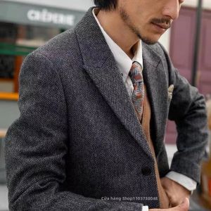 Áo Blazer Nam Màu Xám Đậm Chất Liệu Tweed Kẻ Xương Cá Đơn Hàng Khuy Hai Cúc Kiểu Dáng Công Sở/dự Tiệc Chất Liệu Cotton Pha Polyester Kiểu Dáng Thường Ngày.
