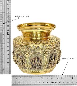Ashta Lakshmi Kalash Gold Plated Brass Vase with Intricate Indian Design and Unique Flower Patterns