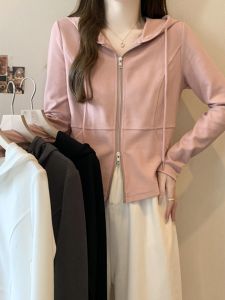 plus Size Casual Hooded Zipper Cardigan Womens Spring New Style Slimming Belly Covering Sweatshirt Comfortable Long Sleeve Cotton Polyester