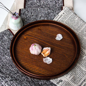 จานวางขนมสไตล์ย้อนยุคแบบไม้สำหรับใช้ในบ้าน จานชา จานอาหาร จานกาแฟ จานขนมปังกลม จานเก็บของ จานไม้ จานชาแบบกลม