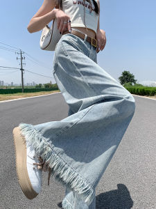 QIAOMIDUO | Summer Thin Light Wide Leg Denim Jeans Women Fringed High Waist Loose Fit Long Pants Cotton Blend Comfortable Wide Leg Trousers