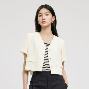DESIGNICE | Checkerboard French Chic Short Sleeve Round Collar Jacket White