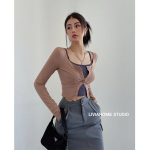 เสื้อสเวตเตอร์ถักแขนยาวทรงสลิมฟิต Liviahome เสื้อเชิ้ตแขนยาวสองชิ้นสำหรับผู้หญิงในฤดูใบไม้ร่วง เสื้อคลุมกันหนาวแบบสวมหัว