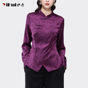 Retro Chinese Style Long Sleeve Womens Shirt Design Sense Fashion Satin Button up Top for Autumn Wear Poly Fiber 100%