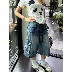 กางเกงขาสั้นยีนส์ทรงหลวมสไตล์ย้อนยุคสไตล์อเมริกันสำหรับฤดูร้อนสำหรับผู้ชายและผู้หญิง กางเกงขายาวทรงหลวม 7 ฟุต ทรงหลวม