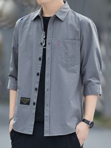 ROMON | Lormen Mens Seven-Sleeve Shirt Casual Loose Business Pure Cotton Summer Workwear Half Sleeve Button-Up Clean Style Thin Model