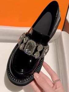 Black Rhinestone Genuine Leather Chunky Heel Womens Loafers Spring Autumn New England High Heel Single Shoes Thick Bottom