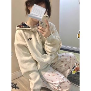 Hooded Zipper Thickened Womens Sweatshirt American Retro Style Patchwork Plaid Open Cardigan Coat Lazy Style Autumn Winter