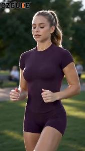 CZGUKE-Women Seamless Raglan Short Sleeve Yoga Top High Elastic Slim Fit Quick Dry Workout T-shirt Breathable Gym Running Sports