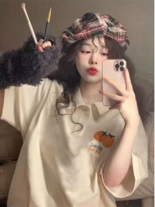 Retro American Polo Neck Short Sleeve T-Shirt Loose Pure Cotton Top for Junior High School Students Summer Wear Girls